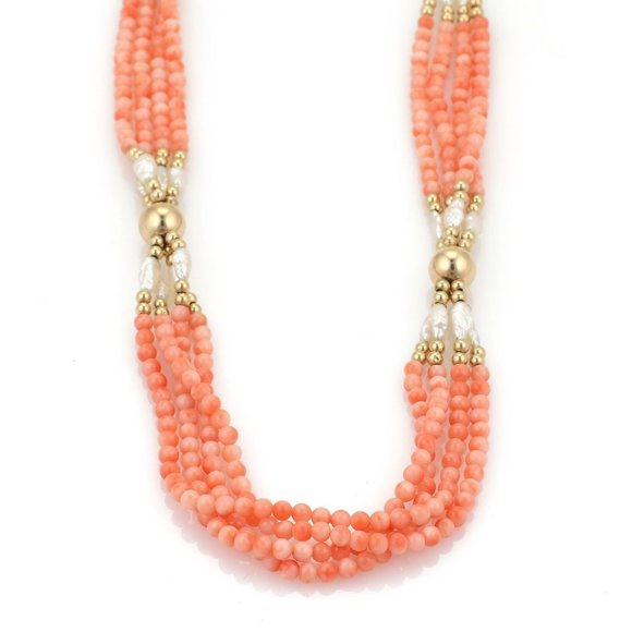 Estate 14k Gold Rice Pearls Coral Beaded Necklace - Picture 1 of 3